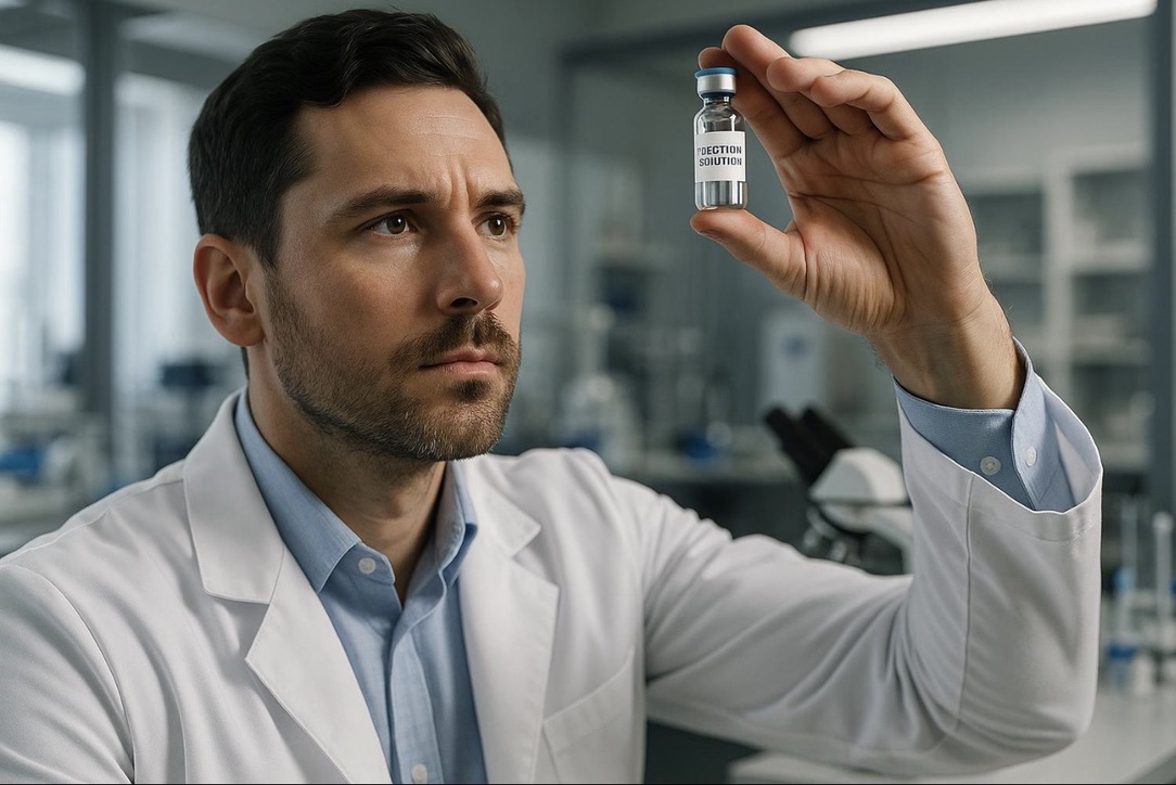 PeptiForge Labs scientist inspecting compound